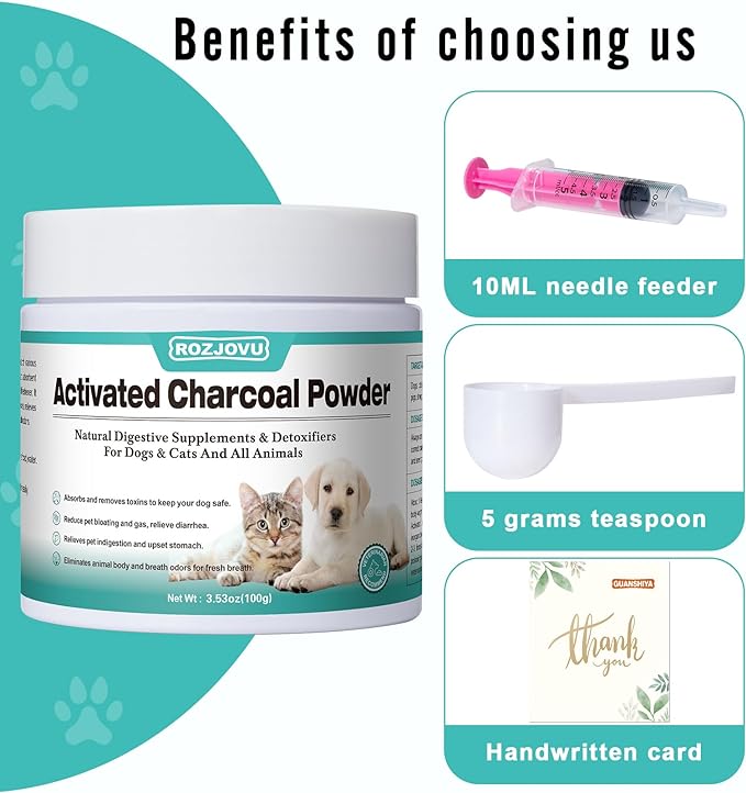 Activated Charcoal for Dogs, Cats, and All Pets, Charcoal for Dogs Poisoning, Digestive Health, Gas & Liver Support, Non-GMO, Gluten Free,3.53oz(Powder)