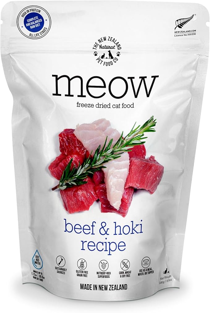 MEOW Freeze Dried Cat Food - Beef & Hoki Recipe, High Protein, Use as a Complete Diet, Topper, Mixer, or as Cat Treats, All Life Stages, 9.9 oz