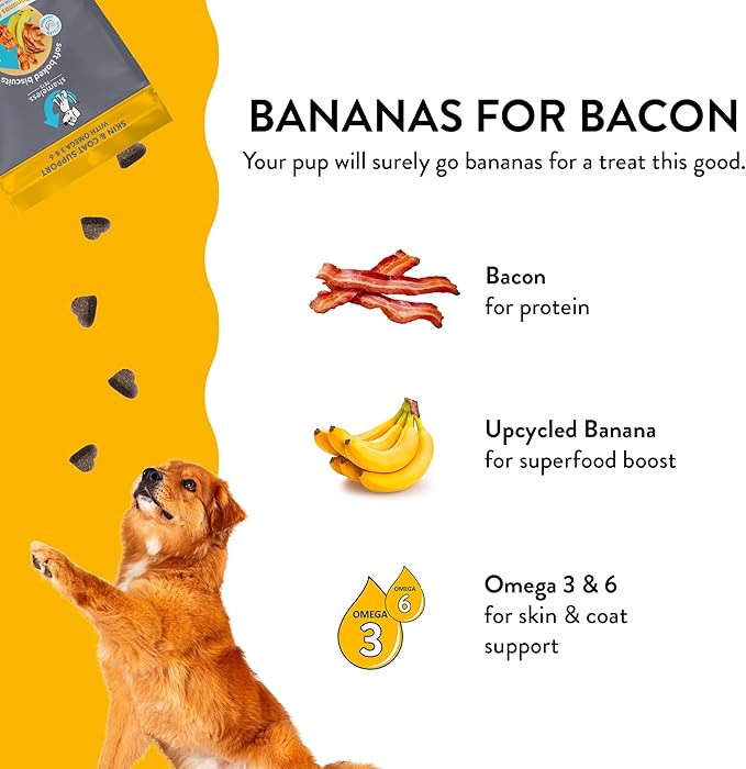 Shameless Pets Soft-Baked Dog Treats, Bananas for Bacon - Natural & Healthy Dog Chews for Skin & Coat Support with Omega 3 & 6 - Dog Biscuits Baked & Made in USA, Free from Grain, Corn & Soy - 1-Pack