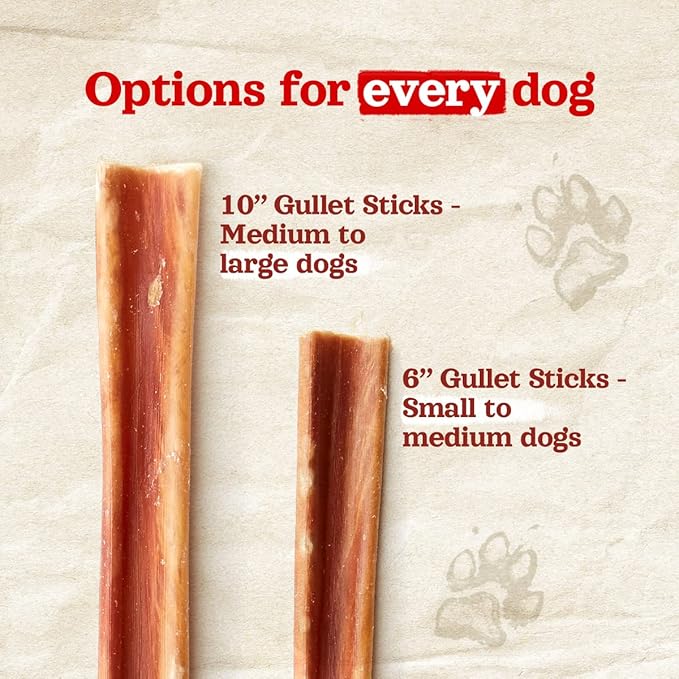 Natural Farm Gullet Jerky Sticks (10”, 12-Pack), Fully Digestible Beef Esophagus, Grain-Free, Odor-Free - Best for Light, Pups & Senior Chewers