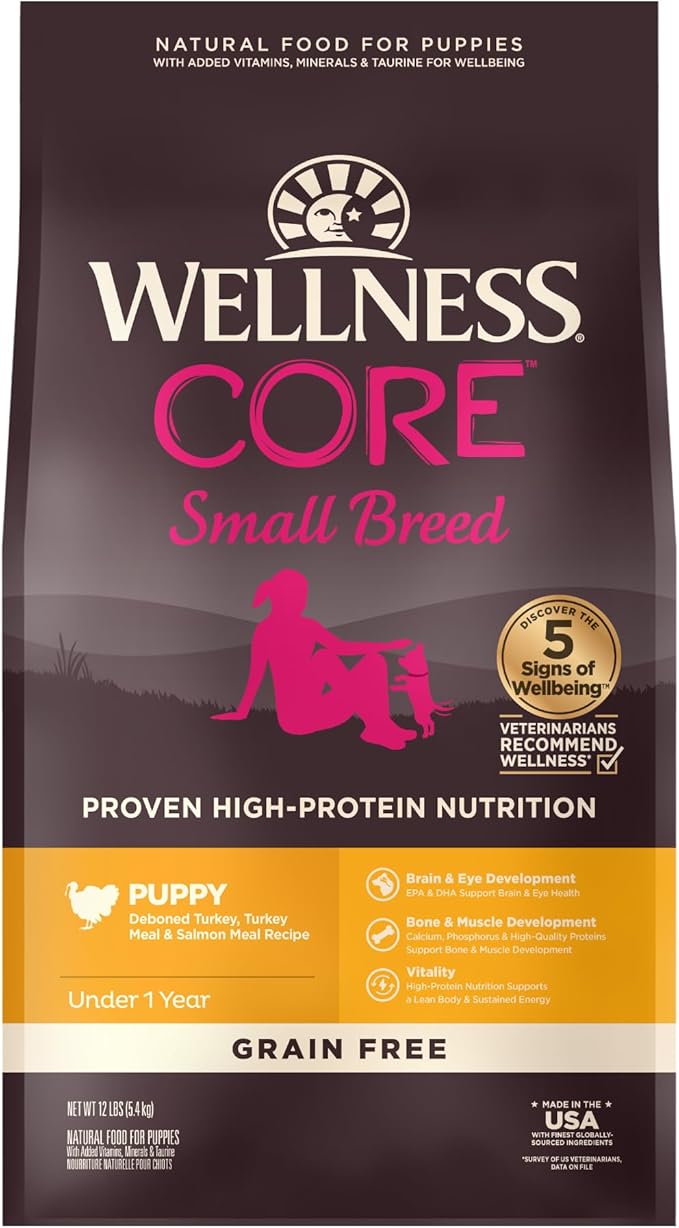 Wellness Natural Pet Food CORE Grain-Free High-Protein Small Breed Dry Dog Food, Natural Ingredients, Made in USA with Real Meat (Puppy ,Turkey, 12-Pound Bag)
