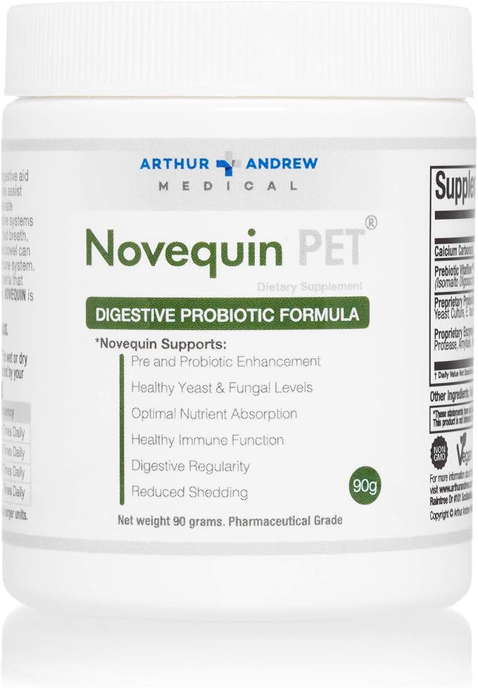 Arthur Andrew Medical, Novequin PET, Digestive Probiotic Formula for Pets, Prebiotics, Probiotics, and Enzymes, Non-GMO, 90 Grams (90 Servings)