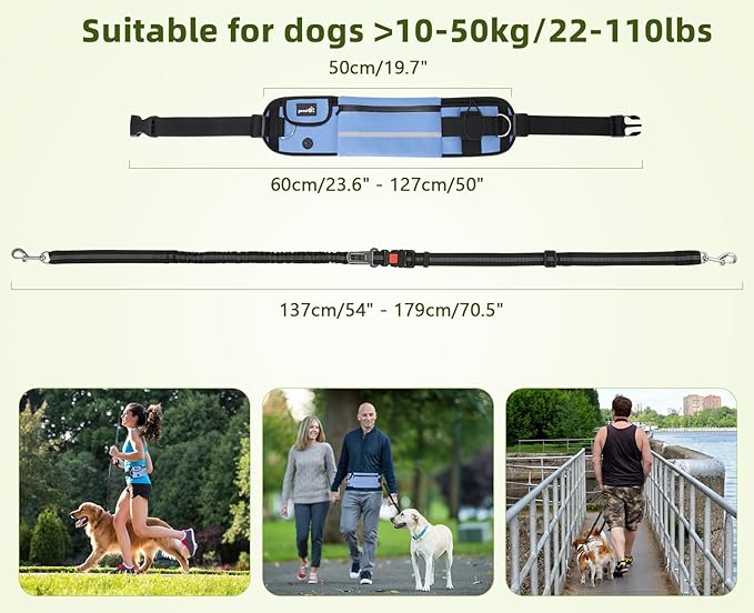 Pecute Hands Free Dog Leash with Pouch, Waist Belt Fanny Pack with Soft Pads, Dual Padded Handles, and Durable Bungee for Walking, Hiking, Jogging Biking, and Running (Up to 220lbs) Blue
