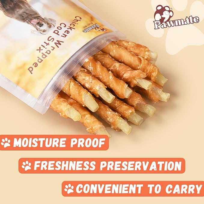 Chicken Wrapped Cod Sticks for Dogs, Grain-Free Rawhide-Free Natural Dog Treats Training Rewards Snacks Dog Soft Chews Treats 10.58OZ