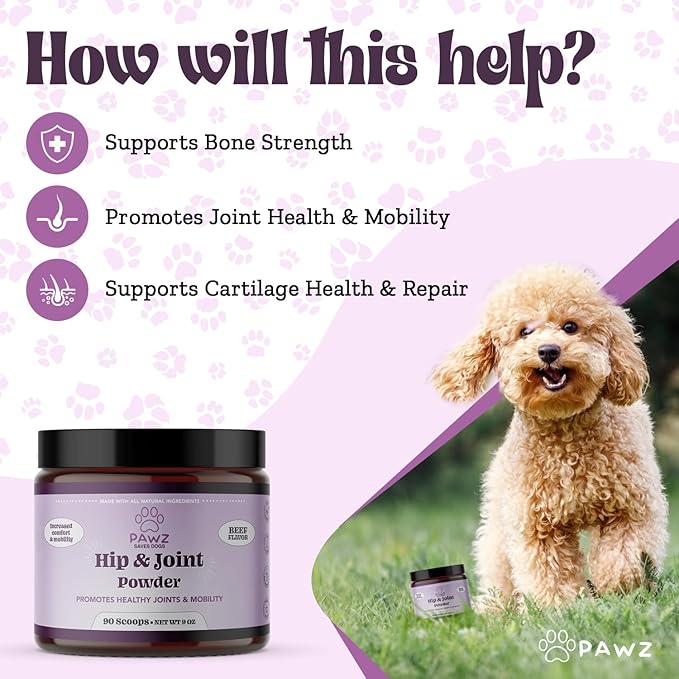 PAWZ Hip & Joint Supplement Powder for Dogs - 90 Scoops Brisket Flavor - Joint Mobility & Flexibility - Mussel, Glucosamine, Chondroitin, Msm, Vitamin E with Natural Flavors - Suitable for All Dogs