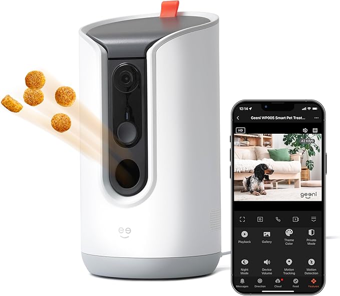 Geeni Pet Treat Dispenser with Camera - 2K HD WiFi Enabled, Dog and Cat Automatic Smart Feeder, Two-Way Audio, Night Vision, Auto-Follow, Remote Access with App, Alexa and Google Compatible, White