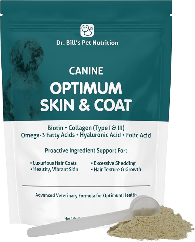 Dr. Bill’s Canine Optimum Skin & Coat (680g) – Fish Oil Omega-3 Fatty Acids Dog Supplement with Biotin, Type I & III Marine Collagen, Hyaluronic Acid & Folic Acid