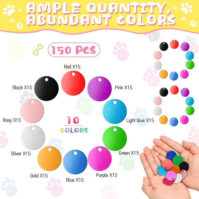 150 Pcs Blank Dog Pet Tags 25 mm for Engraving Aluminum Round Discs Smooth Metal Tag Colorful Double Stamping Tag Pendants with Hole for DIY Craft Pet Tag Charm Supplies