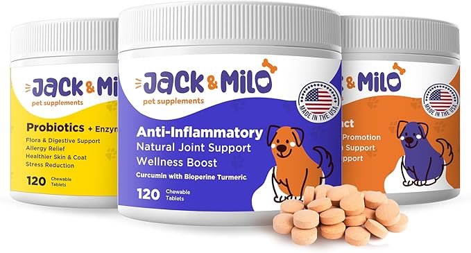 Jack & Milo - Dogs Supplement Kit - Turmeric Anti Inflammatory Hip and Joint + Organic Cranberry UTI Incontinence + Allergy, Digestive & Immune Support Probiotic - 120 Tablets x 3