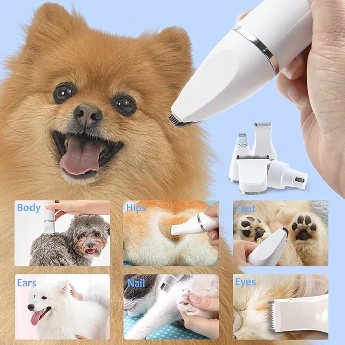 Dog Trimmer for Grooming,4 in 1 Dog Grooming Kit,Low Noise Electric Pet Hair Trimmer,Rechargeable Cordless Dog Paw Trimmer Nail Grinder Face Shaver for Small & Large Dog Cat Pet