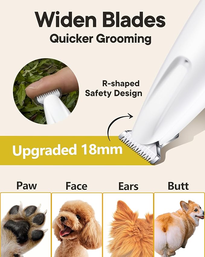 Upgraded Dog Paw Trimmer with LED Light, 18mm Widen Blade, 35dB Low Noise, LED Display, Fully Waterproof, Rechargeable Clipper for Dogs Cats Trimming Paws, Eyes, Ears, Face, and Rump