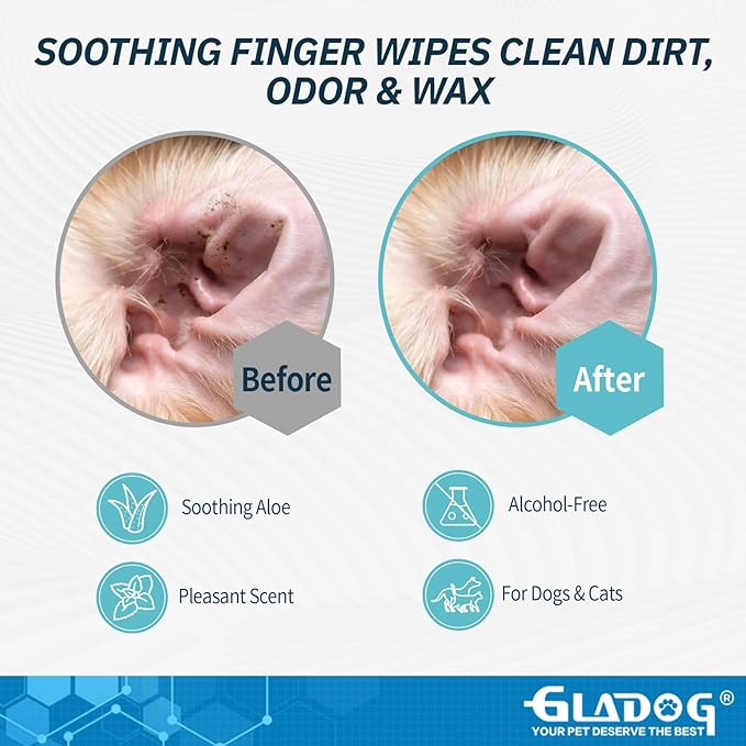 GLADOG Dog Ear Cleaner Finger Wipes, Ear Finger Wipes for Dogs Cats, Gently Removes Dirt & Odor, Dissolves Wax Build-Up, Easy to Use, Ear Cleaning Finger Wipes for Dogs, Natural Ingredients - 55 Count