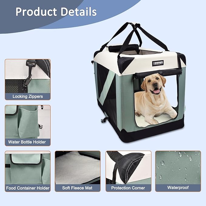 JESPET Soft Dog Crates Kennel for Pets, 3 Door Soft Sided Folding Travel Pet Carrier with Straps and Fleece Mat for Dogs, Cats, Rabbit, Indoor&Outdoor Use(5-Shale Green, Small(24"L x 16.5"W x 16.5"H))