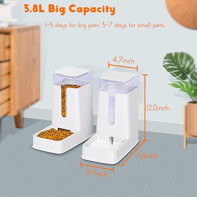 Automatic Cat Feeder and Cat Water Dispenser in Set 2 Packs Automatic Dog Feeder and Dog Water Dispenser 1 Gallon for Small Medium Big Dog Pets Puppy Kitten (white)