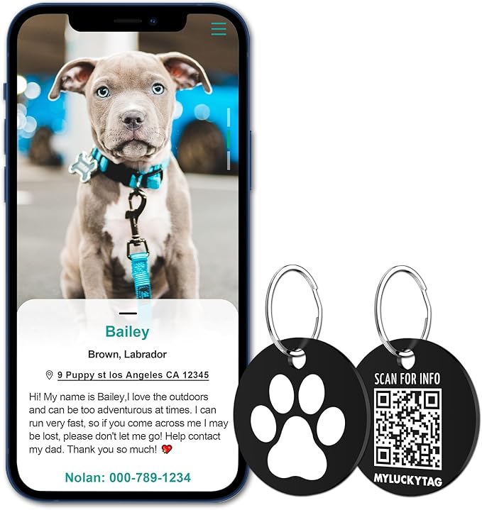 MYLUCKYTAG Stainless Steel QR Code Pet ID Tags Dog Tags - Pet Online Profile - Scan QR Receive Instant Pet Location Alert Email