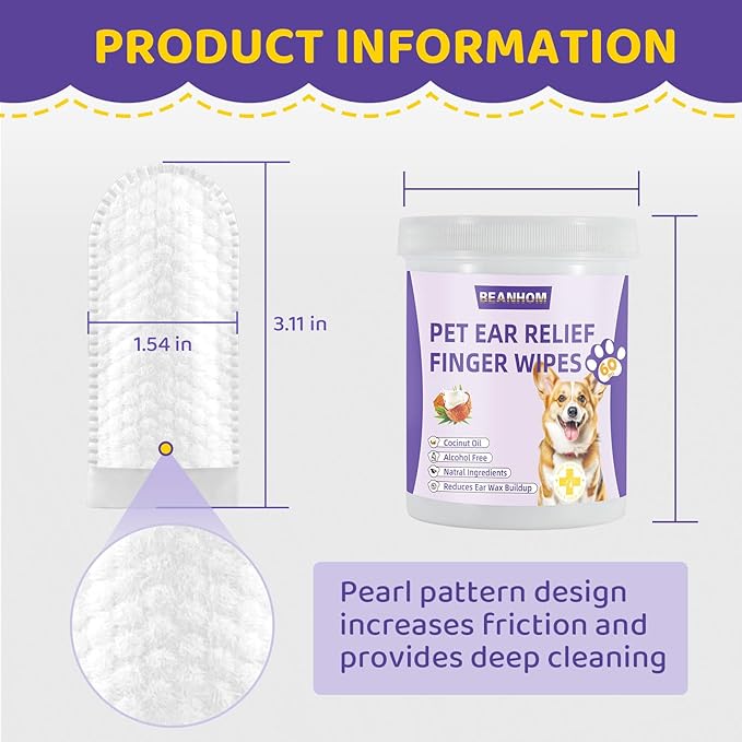 Dog Ear wipes Finger - Ear Finger Wipes for Dogs & Cats - Pet Ear Cleaning Finger Wipes - Sooths & Deodorizes, Prevent Ear Itch & Inflammation – Fresh Coconut Scent, All Natural Ingredients - 60 Count