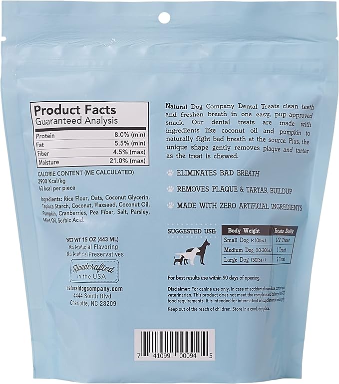 Natural Dog Company Premium Dog Dental Chews, Natural Dental Sticks to Clean Teeth and Freshen Breath, Helps Control Plaque and Tartar Treats for All Breeds and Sizes, Made in USA, 18 Count