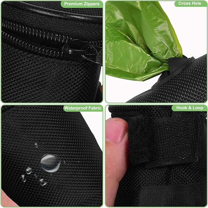 Dog Poop Bag Holder for Leash Attachment - Waste Bag Dispenser for Leash - Fits Any Dog Leash - Portable Set with Hand Free Holder Metal Carrier, Black Round Shape