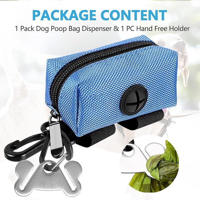 Dog Poop Bag Holder for Leash Attachment Dog Poop Bag Dispenser Dog Waste Bag Dispenser for Leash Accessory Portable Set Fit Dog Leash - Dog Poop Bags Holder & 1 Hand Free Holder Metal Carrier, Blue