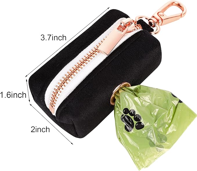 ARING PET Dog Waste Bag Dispenser, Soft Black Doggy Poop Bags Holders Attach to Any Leashes, Velvet Portable Washable Pet Waste Pouch Dispenser with Metal Zipper