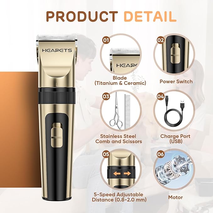 Dog Clippers for Grooming, 2 Pack Pet Hair Trimmers with 2 Speed Grooming Mode, Rechargeable, Cordless, Electric Quiet, Suitable for Dogs Cats (Gold)