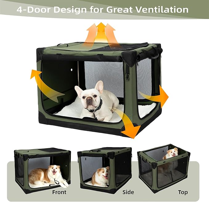 42 Inch Stainless Steel Collapsible Dog Crates for Large Dogs, 4-Door Soft Sided Dog Kennel for Travel, Portable Foldable Pet Crate with Durable Mesh Windows, Indoor & Outdoor, Olive Green