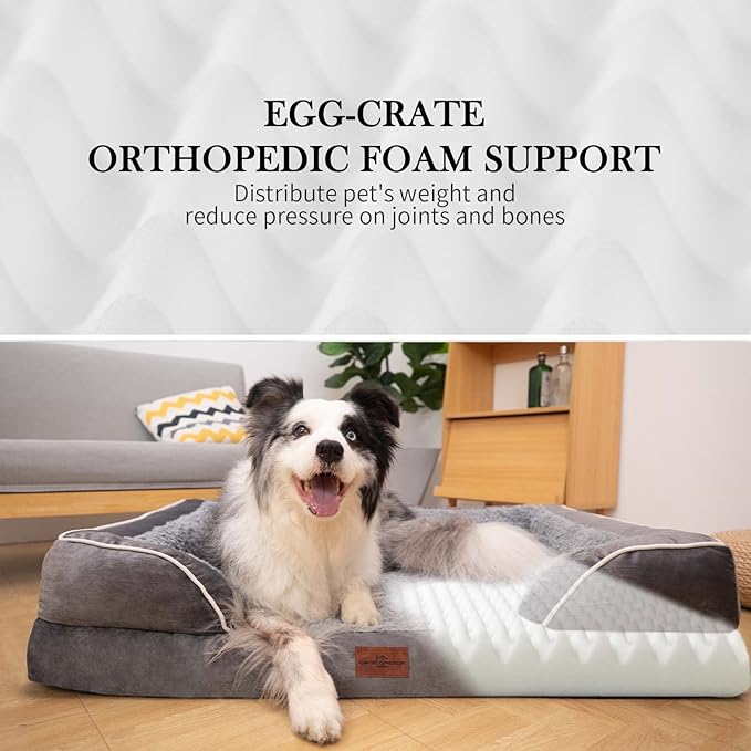 Waterproof Orthopedic Foam Dog Beds for Extra Large Dogs, XL Dog Bed with Bolster, Washable Dog Bed Sofa Pet Bed with Removable Cover & Non-Slip Bottom(X-large,Grey)