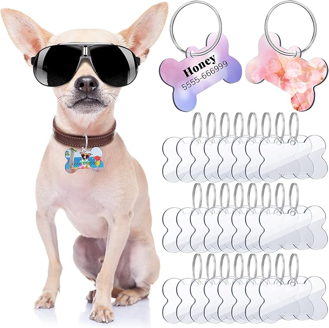 24 Pieces Blank Acrylic Dog Tag Bone-Shaped Acrylic Dog ID Tags with 24 Pieces Key Chain Rings for DIY Dogs and Cats Pet Name Number Tags Crafts Decorations, 1.49 x 1 Inch