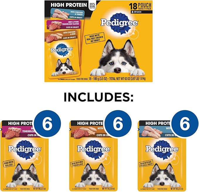 Pedigree High Protein Wet Dog Food Pouches, Variety Pack, 3.5 oz. Pouches,(Pack of 18)