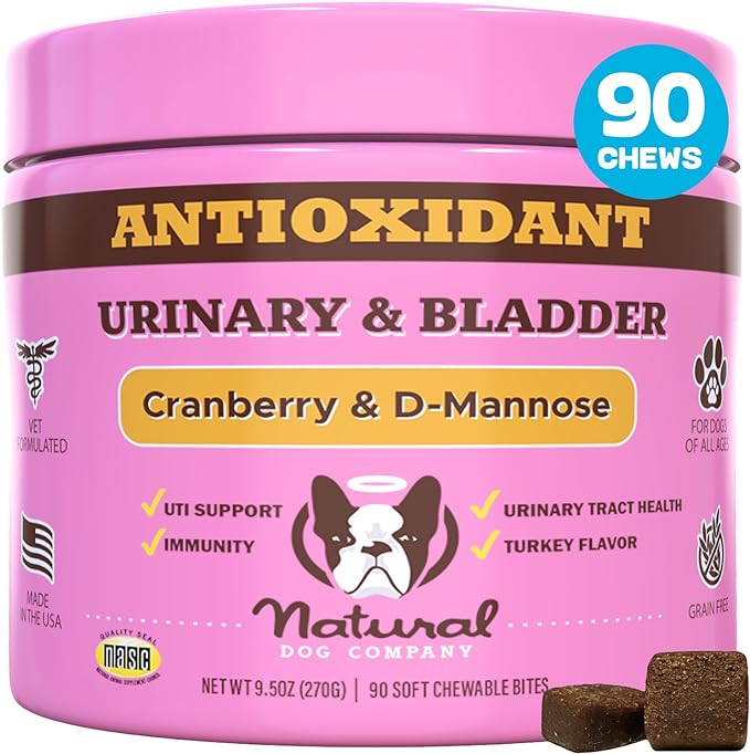 Natural Dog Company Cranberry Supplement for Dogs - Urinary & Bladder Support for Dogs - D-Mannose for Dogs Promotes Bladder Health - Turkey Flavor - Dog UTI Incontinence Supplement - 90 Soft Chews