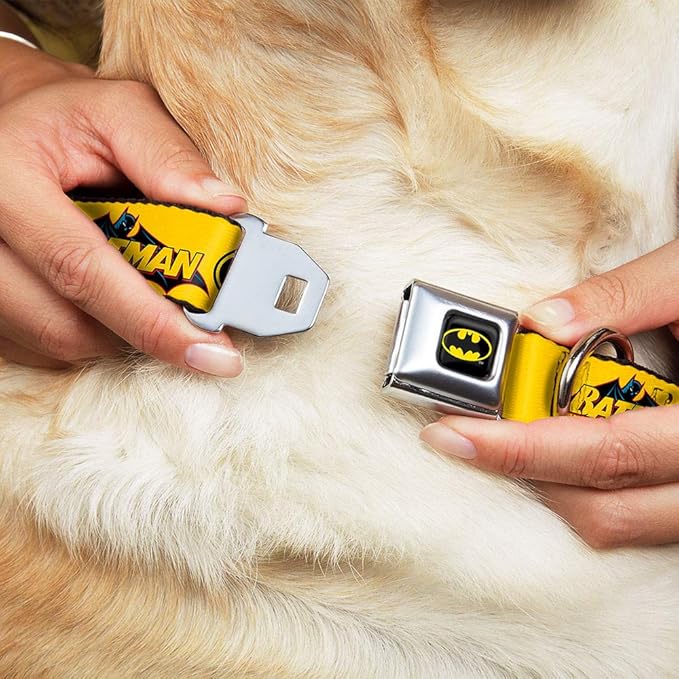Buckle-Down Seatbelt Buckle Dog Collar - Vintage Batman Logo & Bat Signal-3 Yellow - 1.5" Wide - Fits 16-23" Neck - Medium