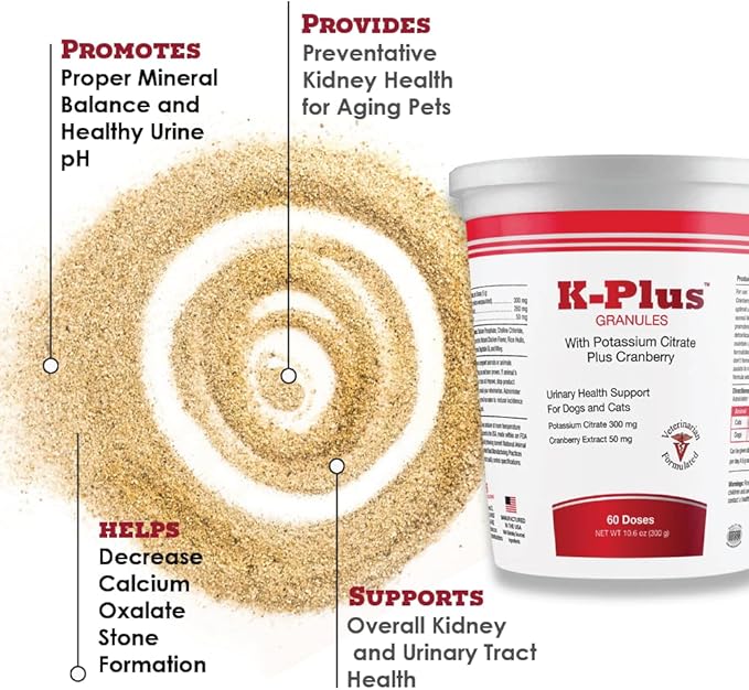 K-Plus Potassium Citrate Plus Cranberry Granules for Dogs and Cats - Veterinarian Approved UTI Remedy Granules - Supports Bladder Health - 60 Doses