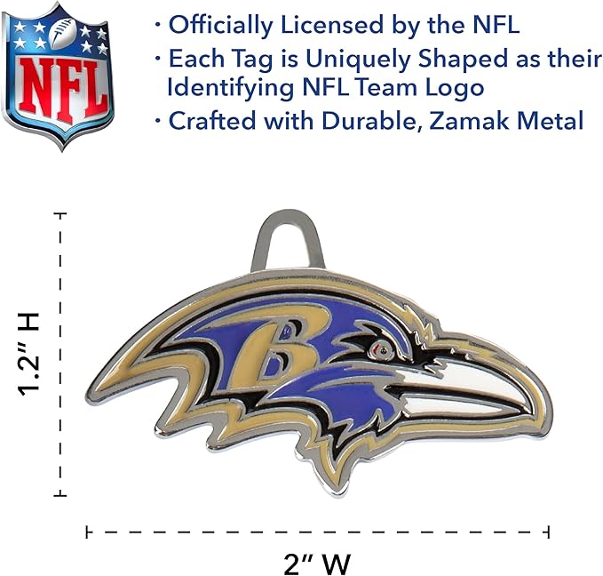 NFL Baltimore Ravens Engraving Pet ID Tags in 32 Team Logo Shapes Personalized Dog Tags and Cat Tags with 3 Lines of Customizable Text for Tracking & Safety. Stainless Steel Pet ID Tracking Tags
