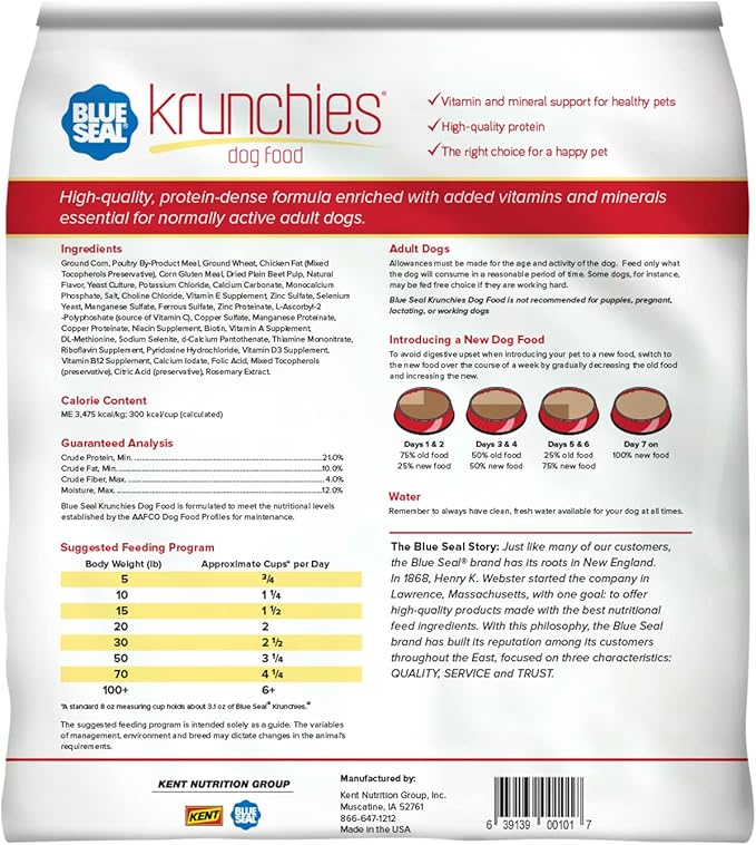 Blue Seal Kent Nutrition Krunchies Adult Dog Food 5 Lbs. No Soy, No Artificial Colors or Preservatives, Nutritionally Complete with Added Vitamins and Minerals