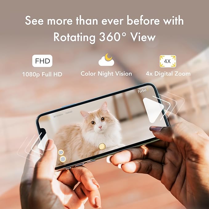 Furbo 360° Cat Camera: Home Security Camera with Meowing Alerts, Rotating Pet Treat Camera with Phone App, Smart Home Indoor Kitty Cam with 2-Way Speaker and Night Vision (No Subscription Required)