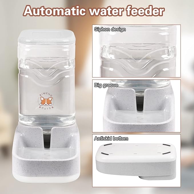 Automatic Dog Cat Gravity Feeders Water Bowl Dispenser Cat Water Fountain Large Capacity 3.8L,1 Gallon Large Capacity for Small Medium Pets (Grey)