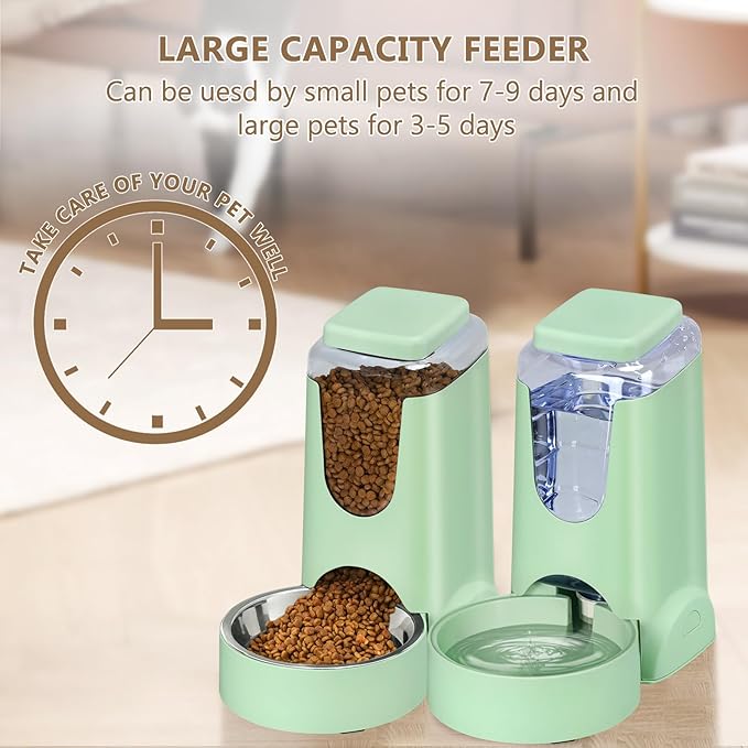 2 Pack Automatic Cat Feeder and Water Dispenser with Stainless Steel Dog Bowl Gravity Self Feeding for Small Medium Pets Puppy Kitten 1 Gallon x 2 (Pink) (green)