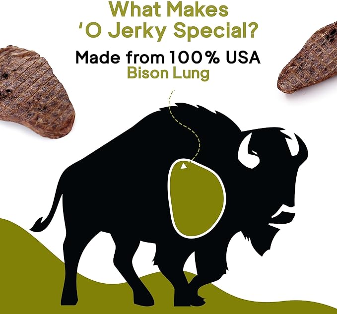 'O Jerky 100% Bison Lung Dehydrated Dog Treats - Organic Dog Jerky Treats - Premium All-Natural Single-Ingredient Healthy Dog Treats - Jerky Sticks for Dogs - Bison Dog Food Made in USA (8 Oz)