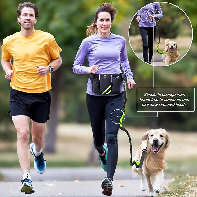 Retractable Bungee Hands Free Dog Leash with Zipper Pouch, Padded Waist Dog Leash, Dog Running Leash Handsfree with Dual Handles and Reflective Stitching for Walking Running Jogging Hiking, Waist Belt