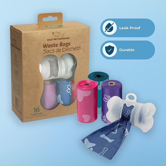 Best Pet Supplies Dog Poop Bags for Waste (240 Bags) Refuse Cleanup, Doggy Roll Replacements for Outdoor Puppy Walking and Travel, Leak Proof and Tear Resistant, Thick Plastic - Assorted Colors