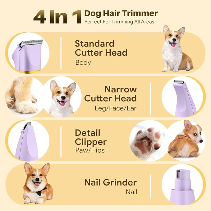 Small Dog Grooming Kit, 4 in 1 Electric Dog Trimmer for Grooming, Low Noise Dog Nail Trimmer, Cordless Pet Clippers for Dogs Cats, Grooming Paws, Eyes, Ears, Face, Hip Hairl (Purple)