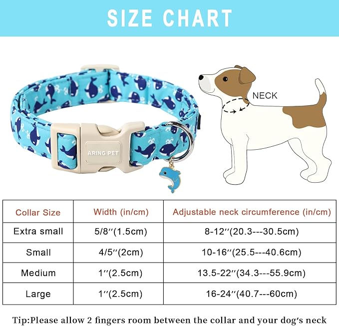 ARING PET Summer Dog Collar-Cute Blue Dog Collar for Small Dogs, Adjustable Cotton Whales Pet Collars Puppy Collar for Small Medium Large Dogs
