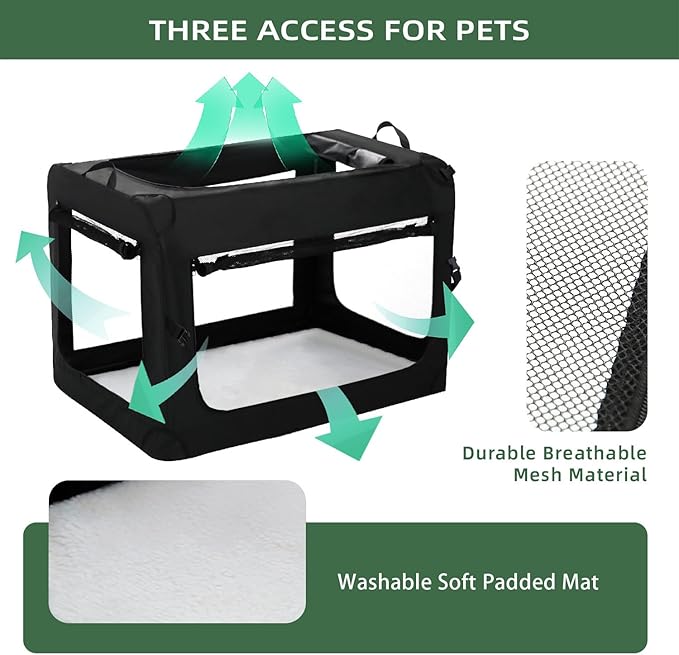 24 inch 3-Door Collapsible Dog Crate for Small Dogs, Portable Dog Travel Crate for Indoor & Outdoor, Soft Side Puppy Foldable Kennel Cage with Durable Mesh Windows & Strong Steel Frame