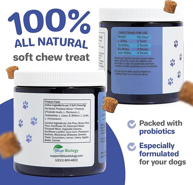 Canine Probiotic Chews for Dogs - Vet Formulated for Digestive & Diarrhea Support - Dog Probiotics for Diarrhea - Probiotics Dog Treats - Dog Digestive Support - Canine Probiotic - (60ct)