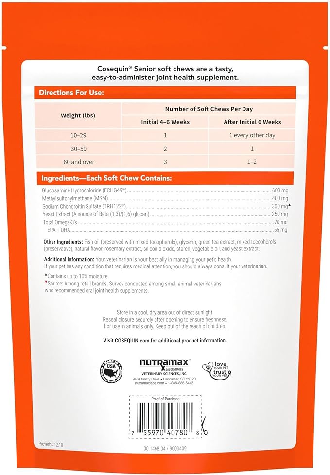 Cosequin Senior Joint Health Supplement for Senior Dogs - With Glucosamine, Chondroitin, Omega-3 for Skin and Coat Health and Beta Glucans for Immune Support, 60 Soft Chews