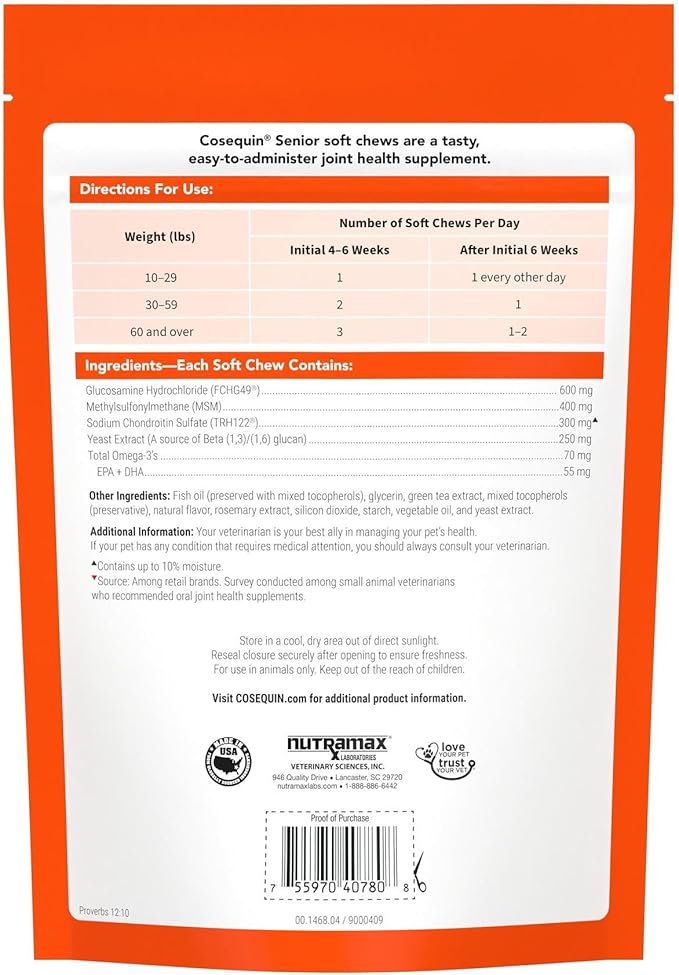 Cosequin Senior Joint Health Supplement for Senior Dogs - With Glucosamine, Chondroitin, Omega-3 for Skin and Coat Health and Beta Glucans for Immune Support, 60 Soft Chews