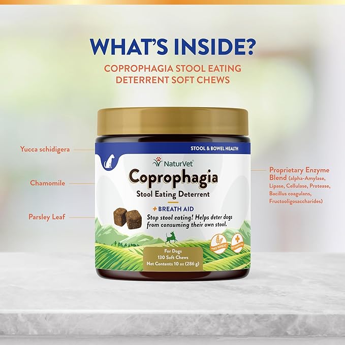 NaturVet – Coprophagia Stool Eating Deterrent – Deters Dogs from Consuming Stool – No Poop Eating for Dogs - Enhanced with Breath Aid Freshener, Enzymes & Probiotics – 130 Soft Chews