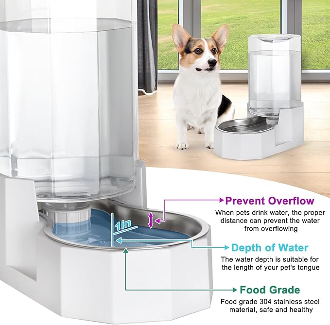 RIZZARI Automatic 6.3L Gravity Pet Water Dispenser with Stainless Steel Bowls, 100% BPA-Free,Safe and Large Capacity, Suitable for Small and Medium-Sized Cats and Dogs (6.3L without Filter)