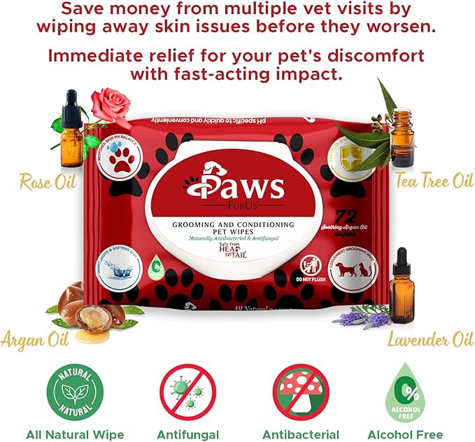 PawsFurUs® All-Natural Pet Wipes for Dogs & Cats - Doctor-Formulated for Total Pet Care with Antifungal & Antibacterial Protection, pH Balancing, Moisturizing, Deodorizing & Fast Itch Relief - 72ct.