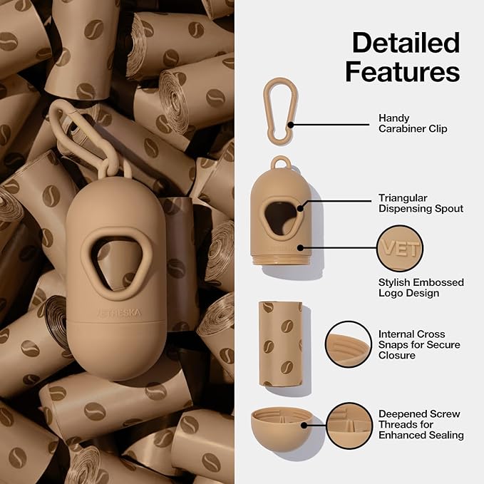 VETRESKA Dog Waste Bag Dispenser with Coffee Scent - Leak Proof, Extra Thick Pet Waste Bags - 1 Bag Holder, 105 Bags (7 Refill Rolls) for Dogs and Cats
